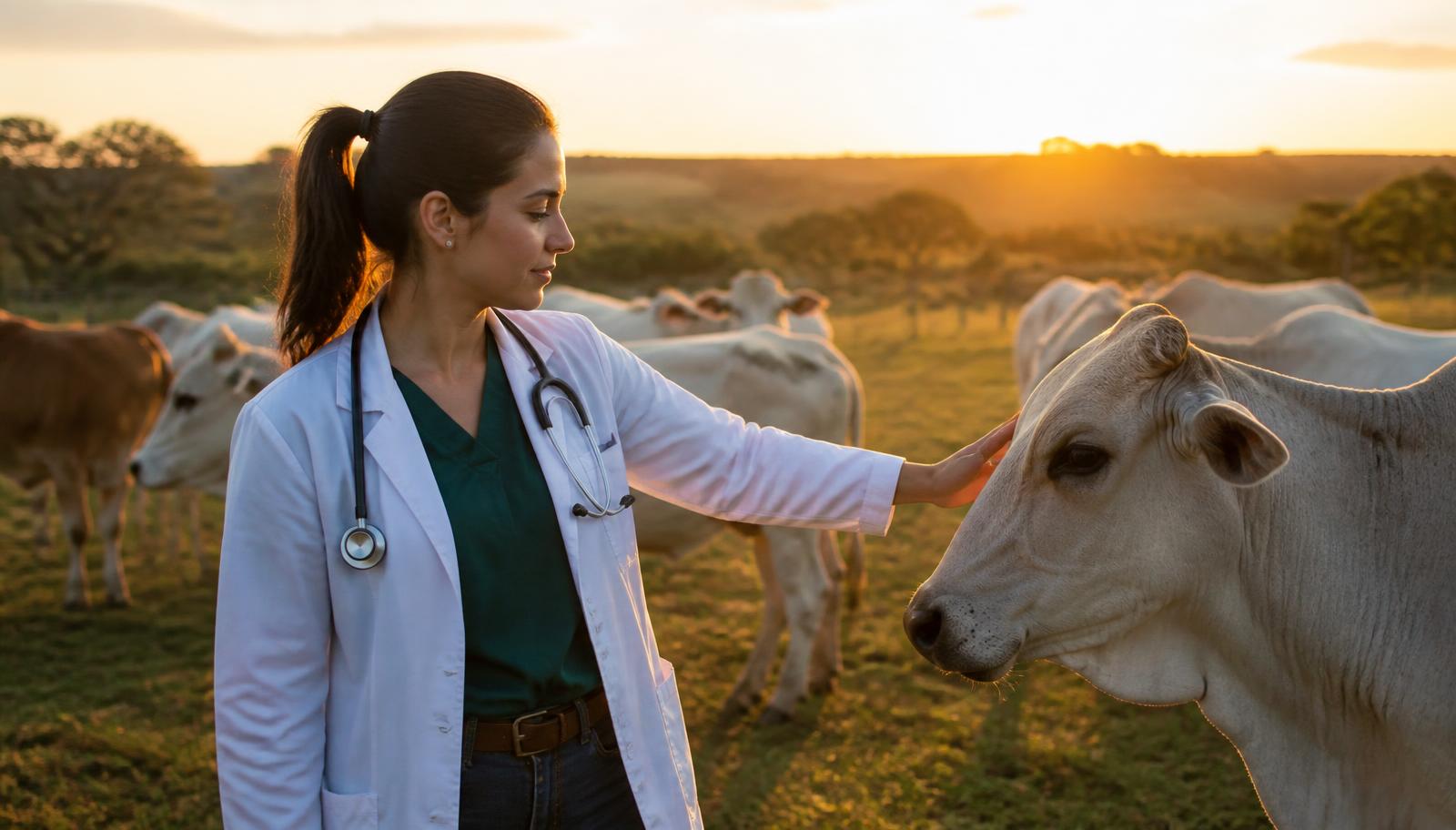 Médica veterinária acompanhando rebanho em pastagem ao final do dia